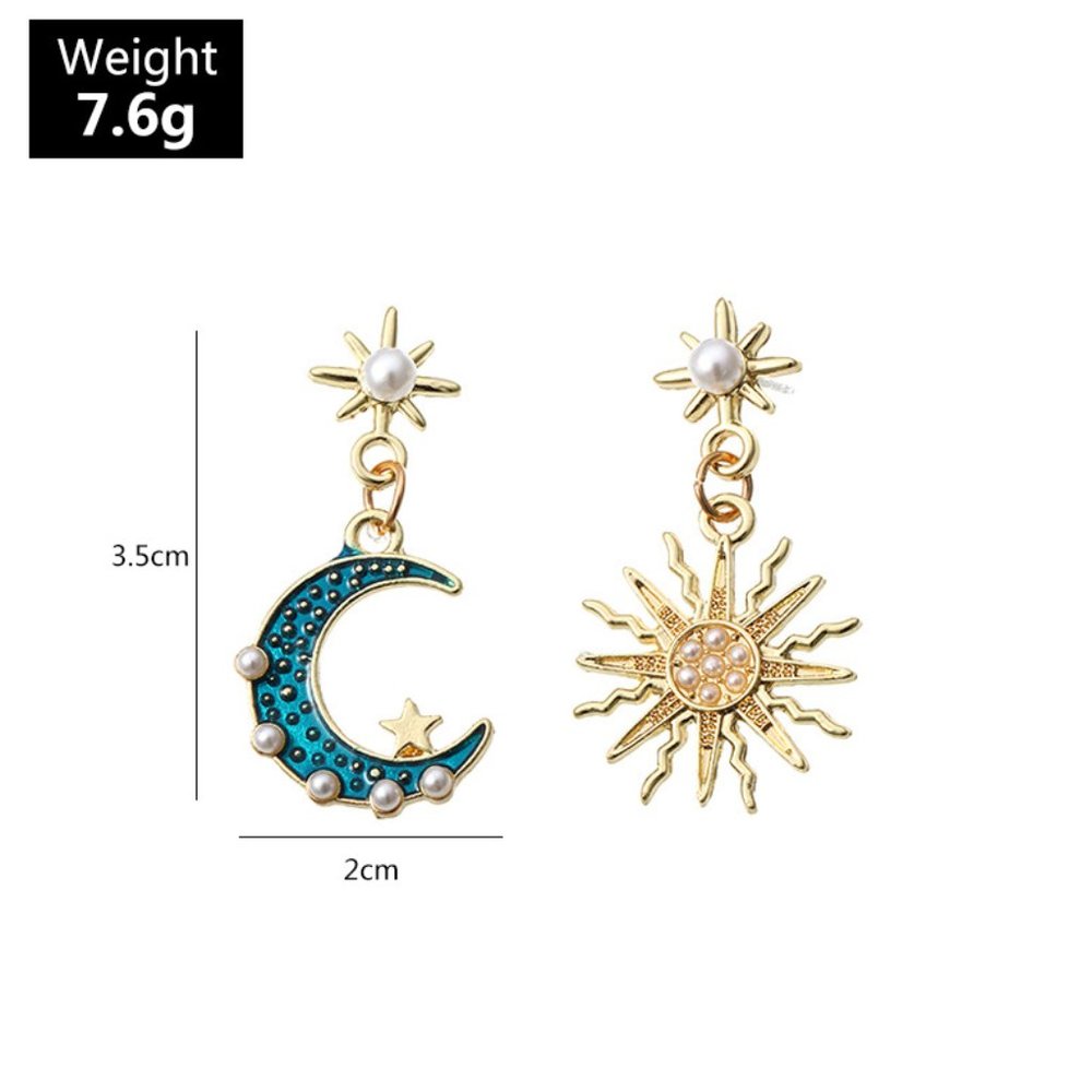 Blue & Gold Celestial Sun & Crescent Moon Pearl Beaded Dangle Earrings NEW - Picture 6 of 7